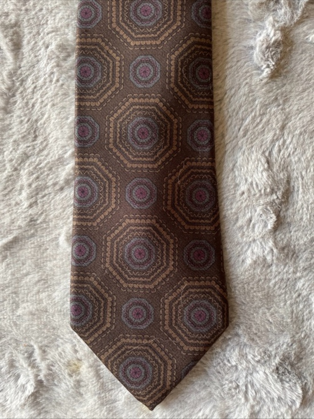 Vintage Maserati Brown Geometric Silk Tie with Subtle Purple Accents